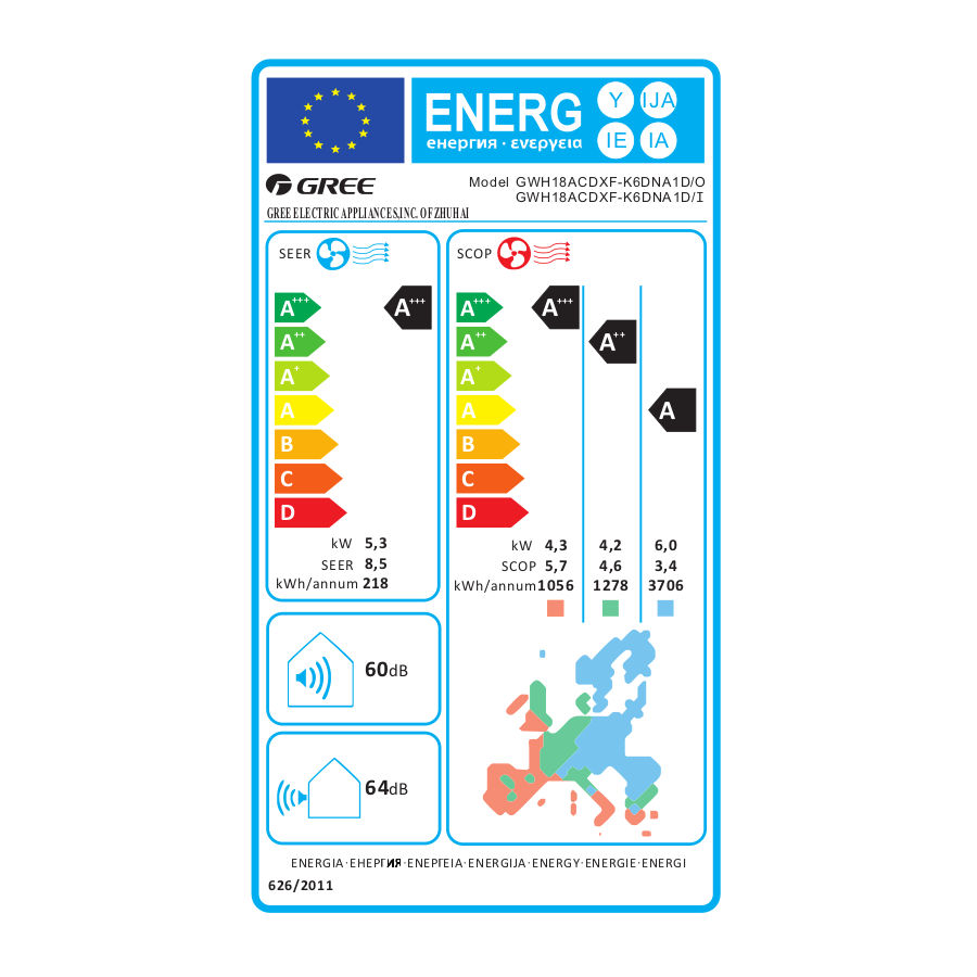 Gree Comfort Pro mono split klíma szett 5.3 kW (GWH18ACDXF-K6DNA1D) - energiacímke