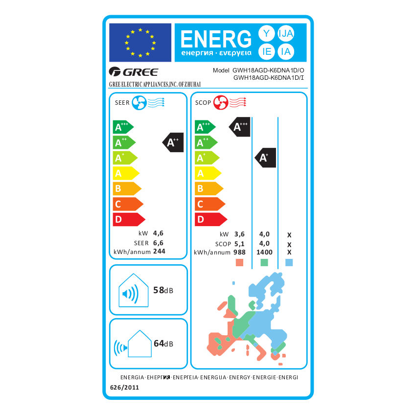 Gree Pulse mono split klíma szett 4.6 kW - energiacímke