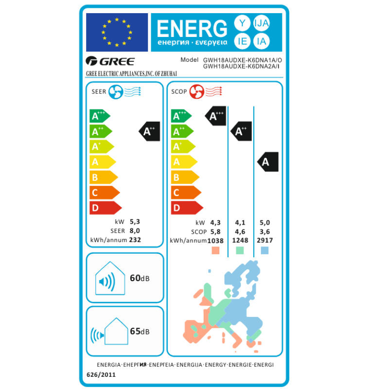 Gree Smart one mono split klíma szett 5.2 kW (GWH18AODXE-K6DNA2A) - energiacímke