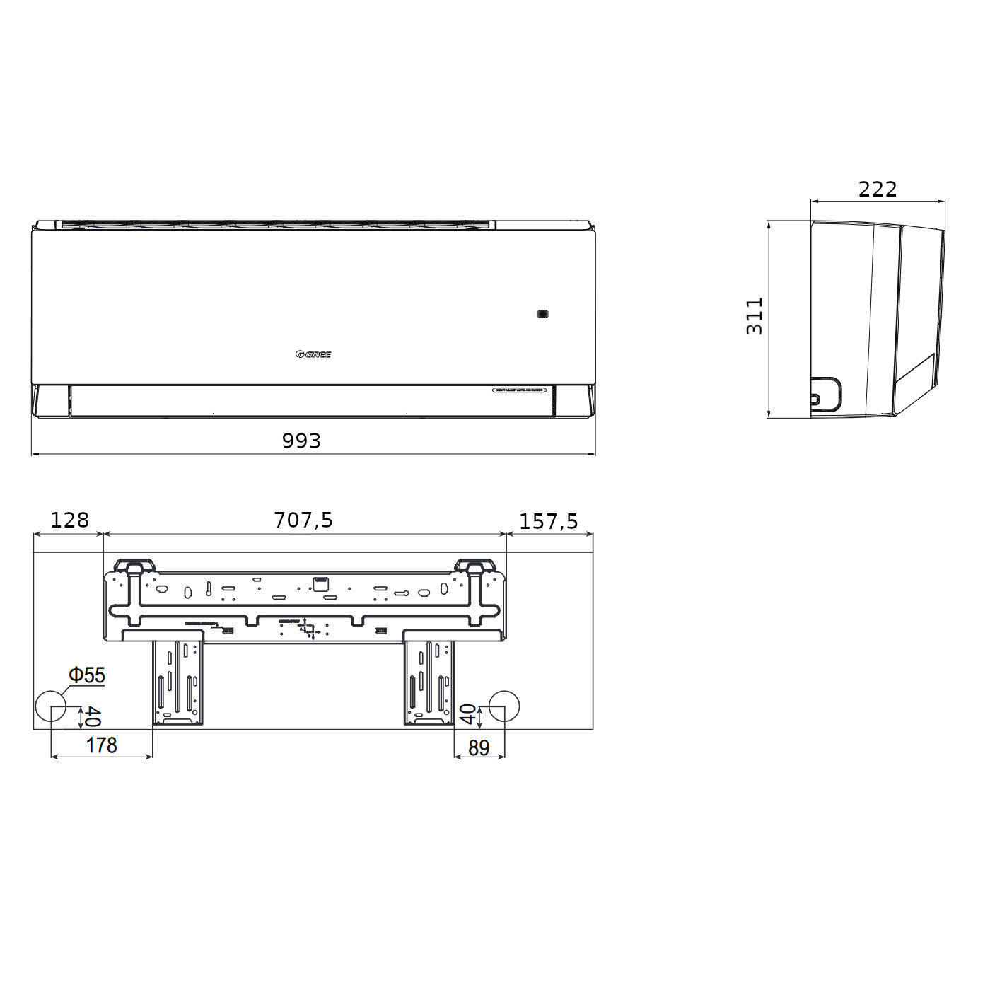 Gree Smart one mono split klíma szett 7 kW (GWH24AODXF-K6DNA2B) - méretrajz