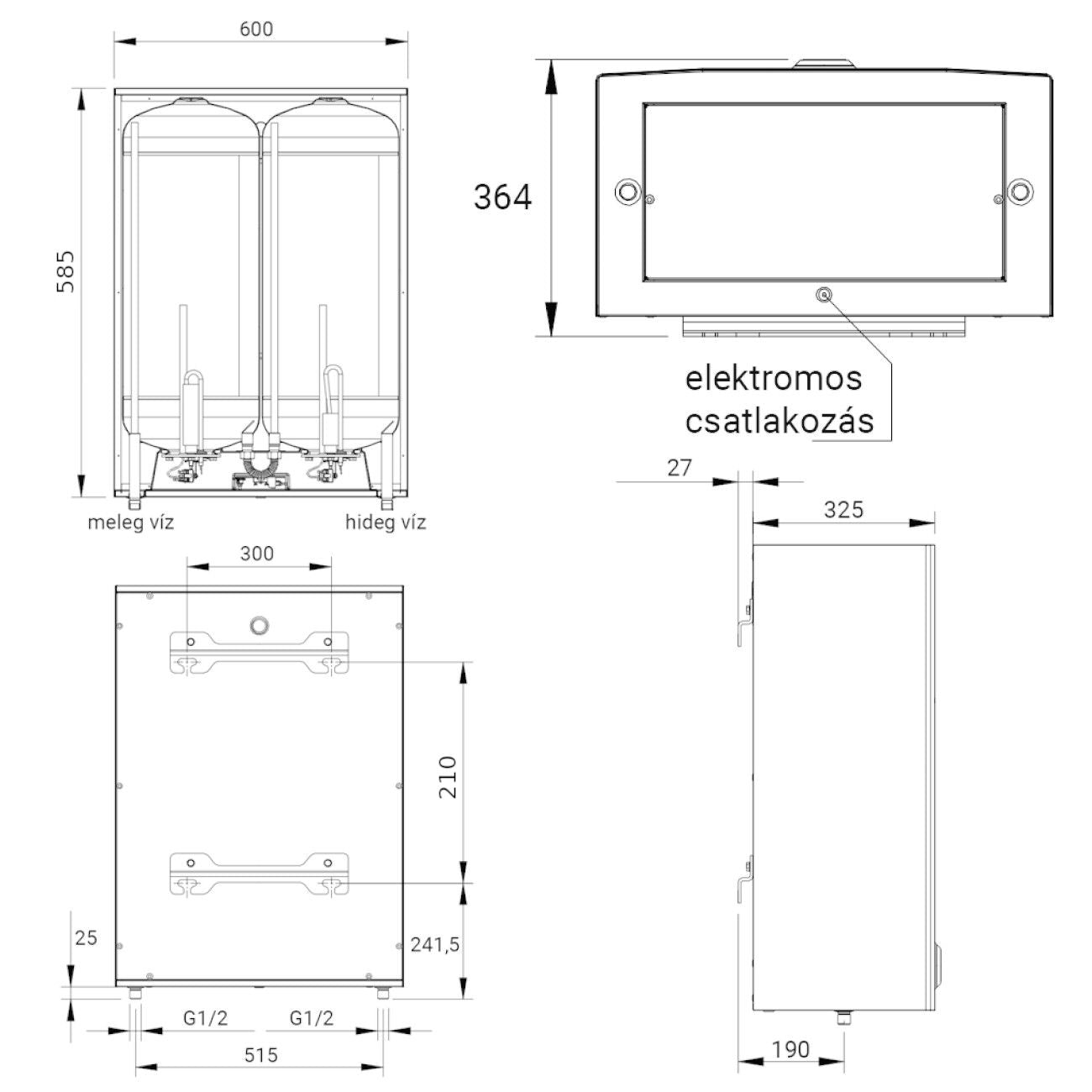 Hajdu Aquastic AQ Flat F50 ErP szögletes elektromos vízmelegítő (2111614412) - méretrajz