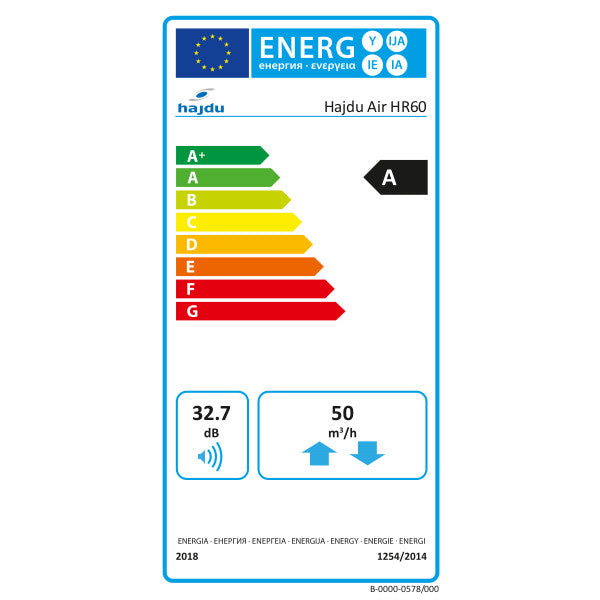Hajdu AIR HR60 egyhelyiséges hővisszanyerős szellőztető (2436000010) - energiacímke