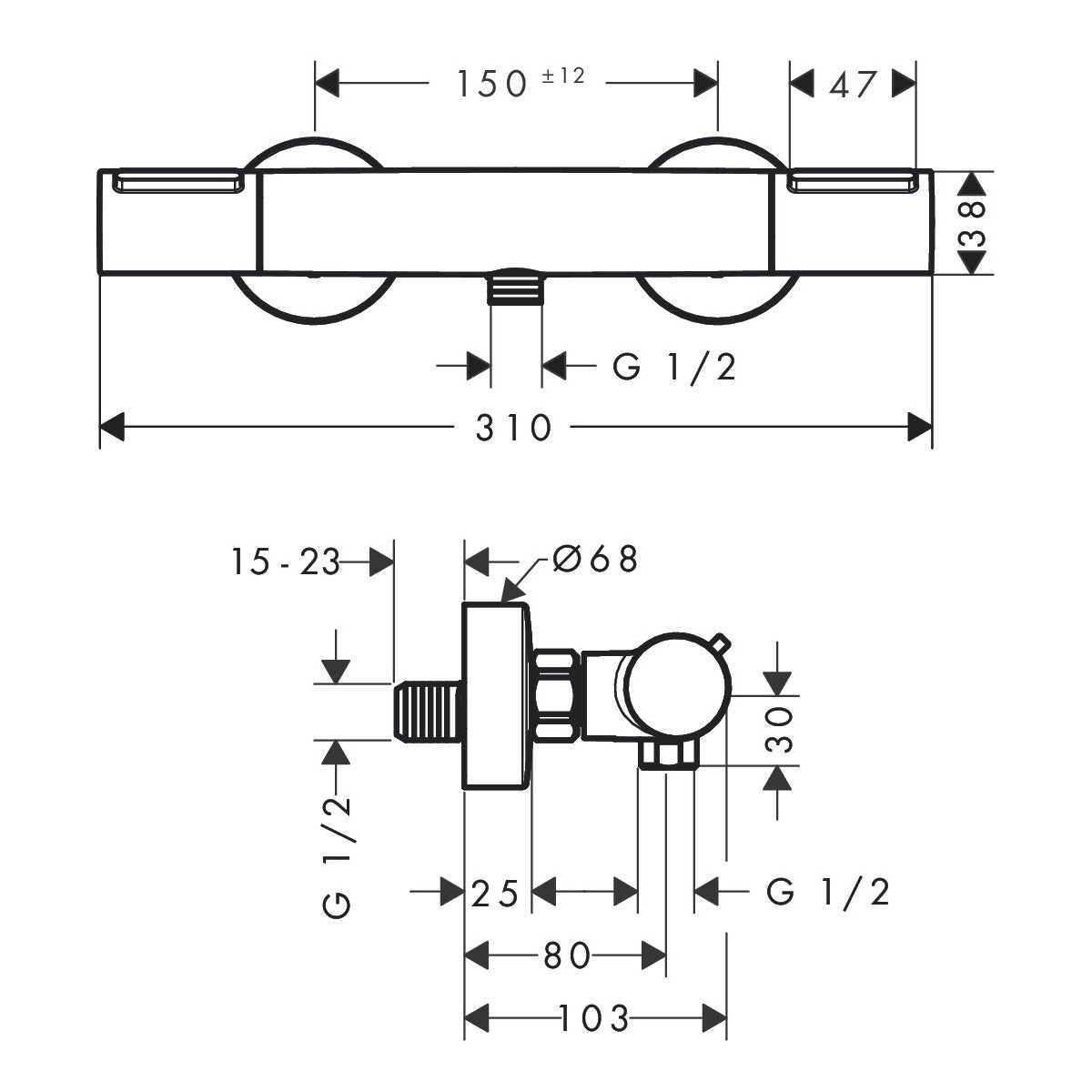 Hansgrohe Ecostat Element zuhany csaptelep termosztátos, króm (13346000) - méretrajz