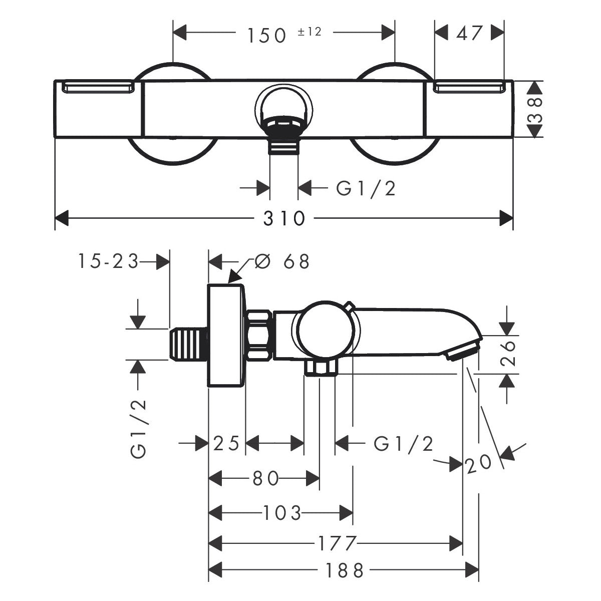 Hansgrohe Ecostat Element kád csaptelep termosztátos, króm (13347000) - méretrajz