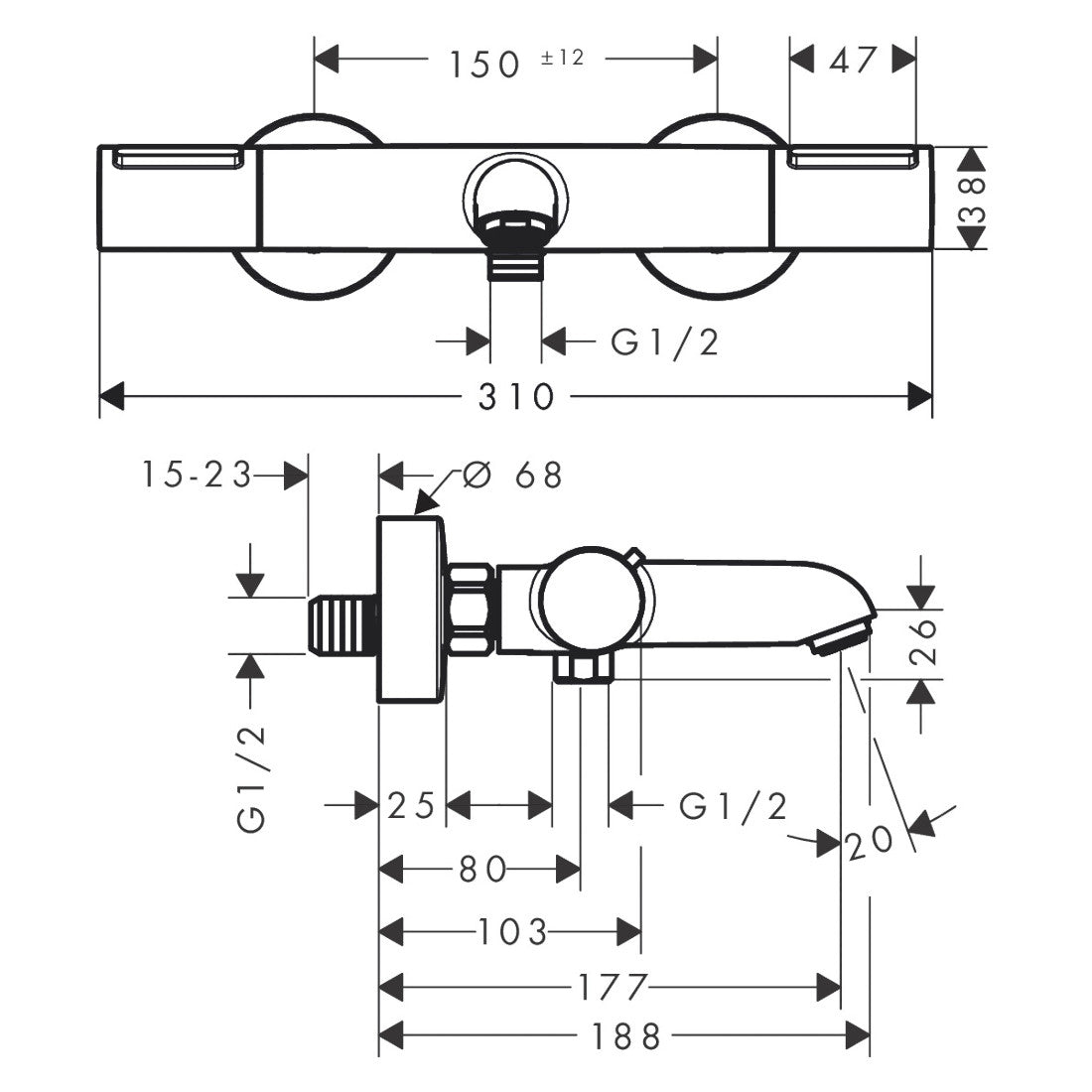 Hansgrohe Ecostat Element kád csaptelep termosztátos, matt fekete (13347670) - méretrajz