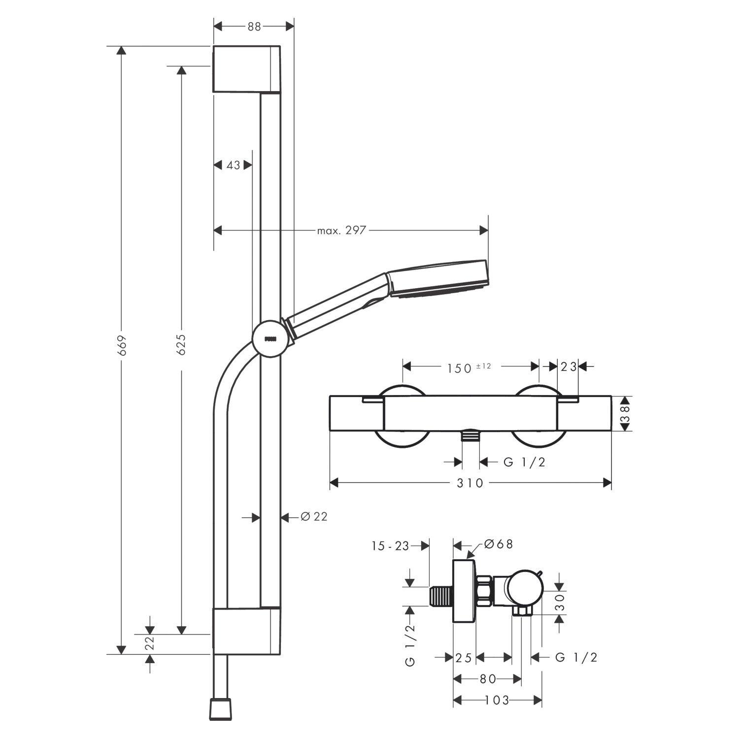 Hansgrohe Pulsify Select S zuhany rendszer termosztátos, 65cm - es zuhanyrúd, króm (24262000)