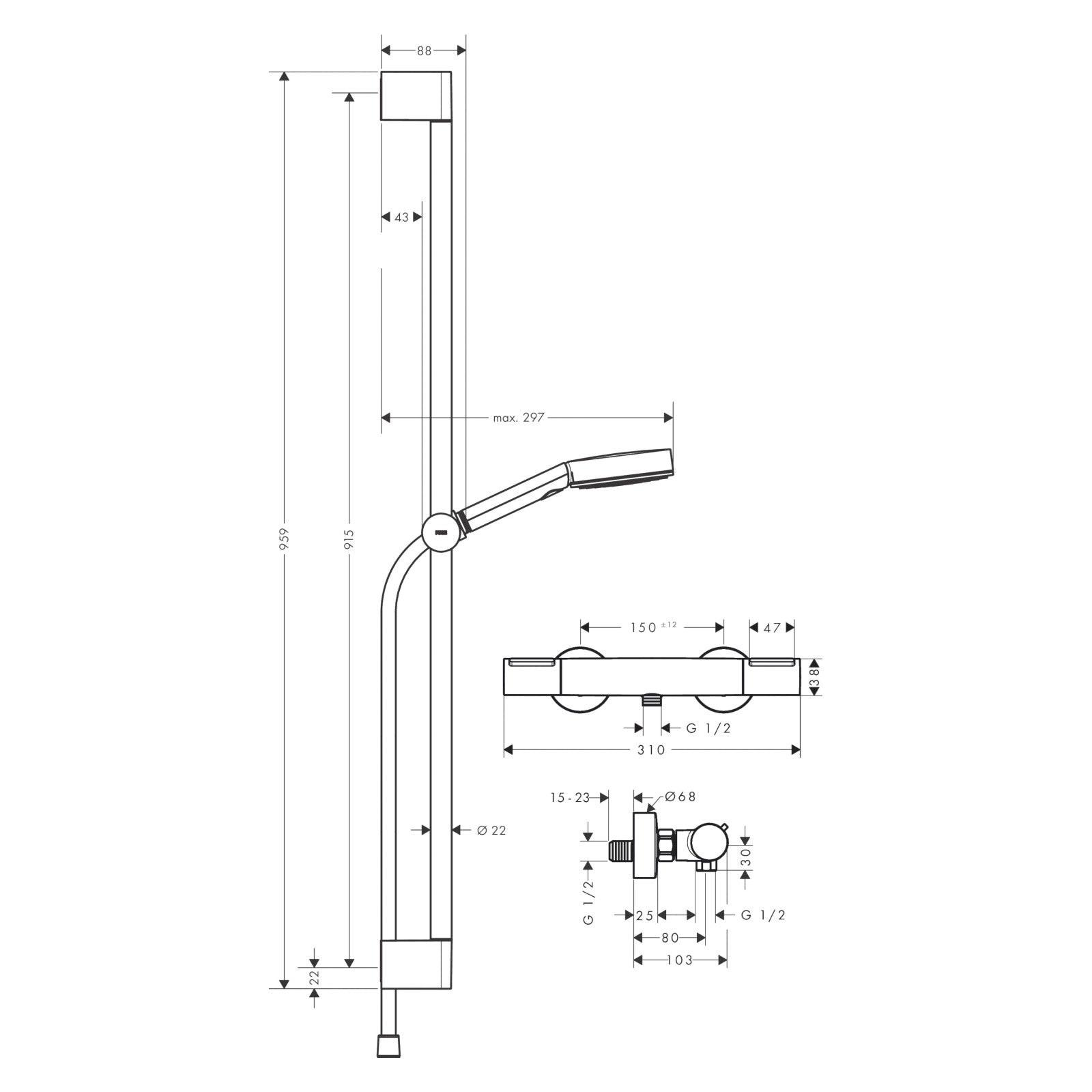 Hansgrohe Pulsify Select S zuhanyrendszer termosztátos, Ecostat Element, 90 cm - es zuhanyrúd, króm (24271000)