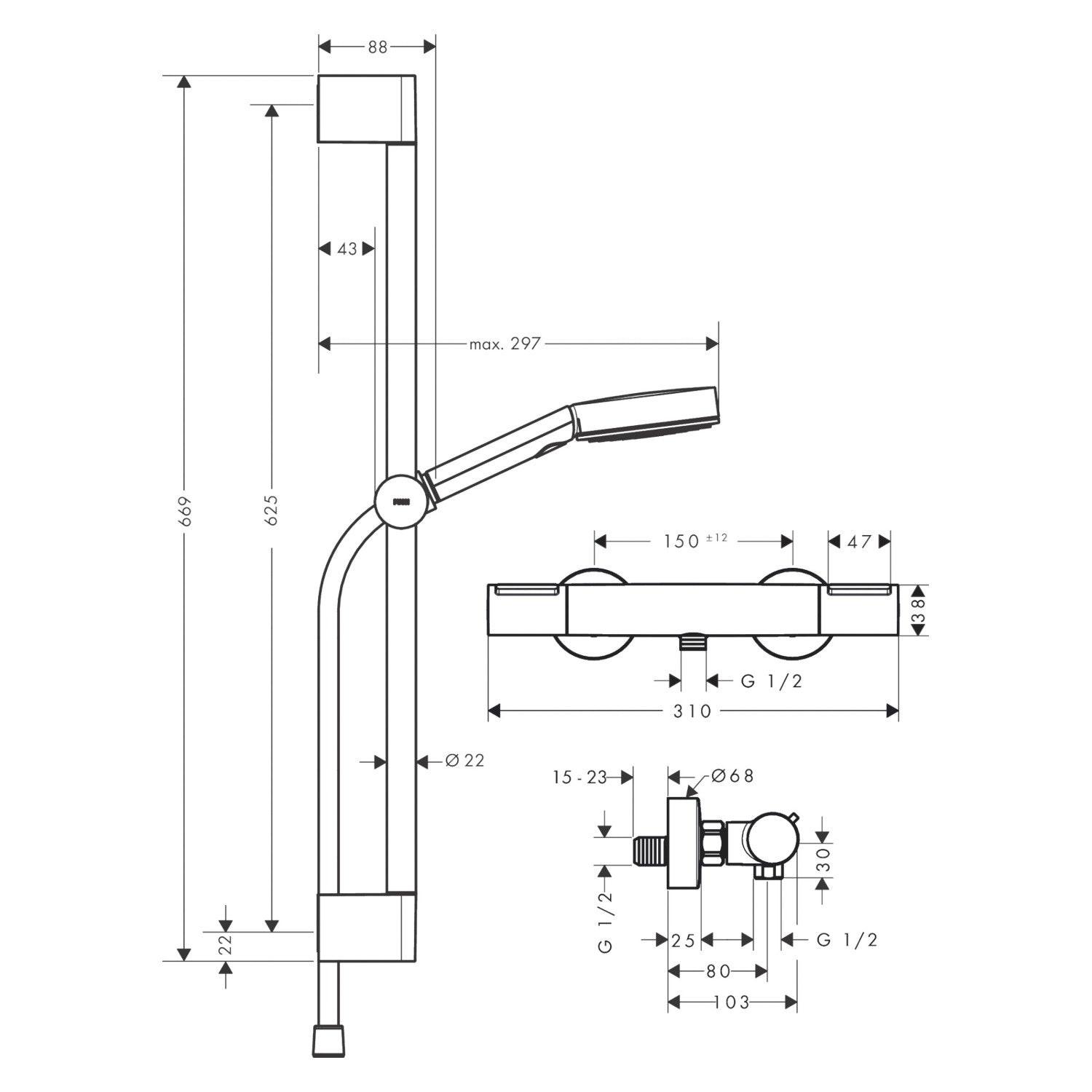 Hansgrohe Pulsify Select S zuhanyrendszer termosztátos, Ecostat Element, 65cm - es zuhanyrúd matt fekete (24272670)