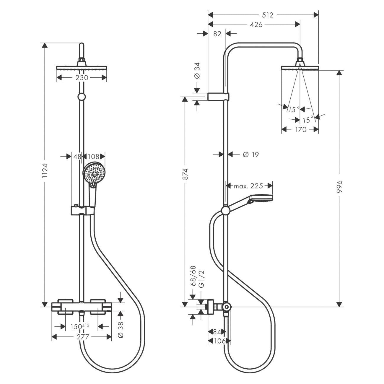 Hansgrohe Vernis Shape Showerpipe 230, 1 jet, termosztáttal, matt fekete (26286670)