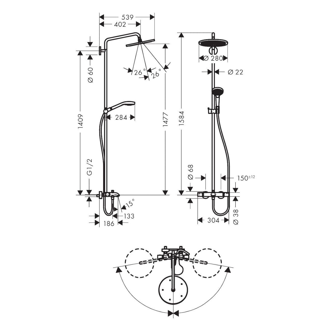 Hansgrohe Croma select 280 Air 1Jet Showerpipe kádhoz (26792000)