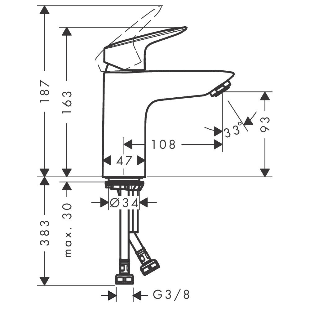 Hansgrohe Logis egykaros mosdócsaptelep 100 mm Push-Open lefolyóval (71107000) - méretrajz