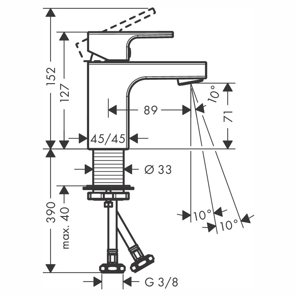 Hansgrohe Vernis Shape egykaros mosdócsaptelep 70, lefolyógarnitúra nélkül (71567000) - méretrajz