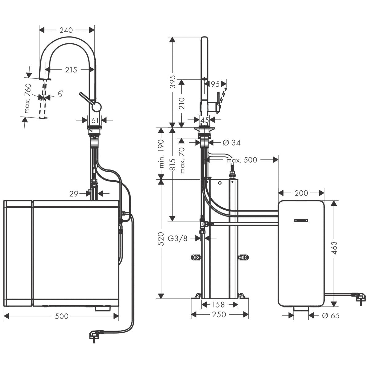 Hansgrohe Aqittura M91 Sodasystem konyhai csaptelep 210, kihúzható kifolyó, 1jet, sBox  (76836000) - méretrajz