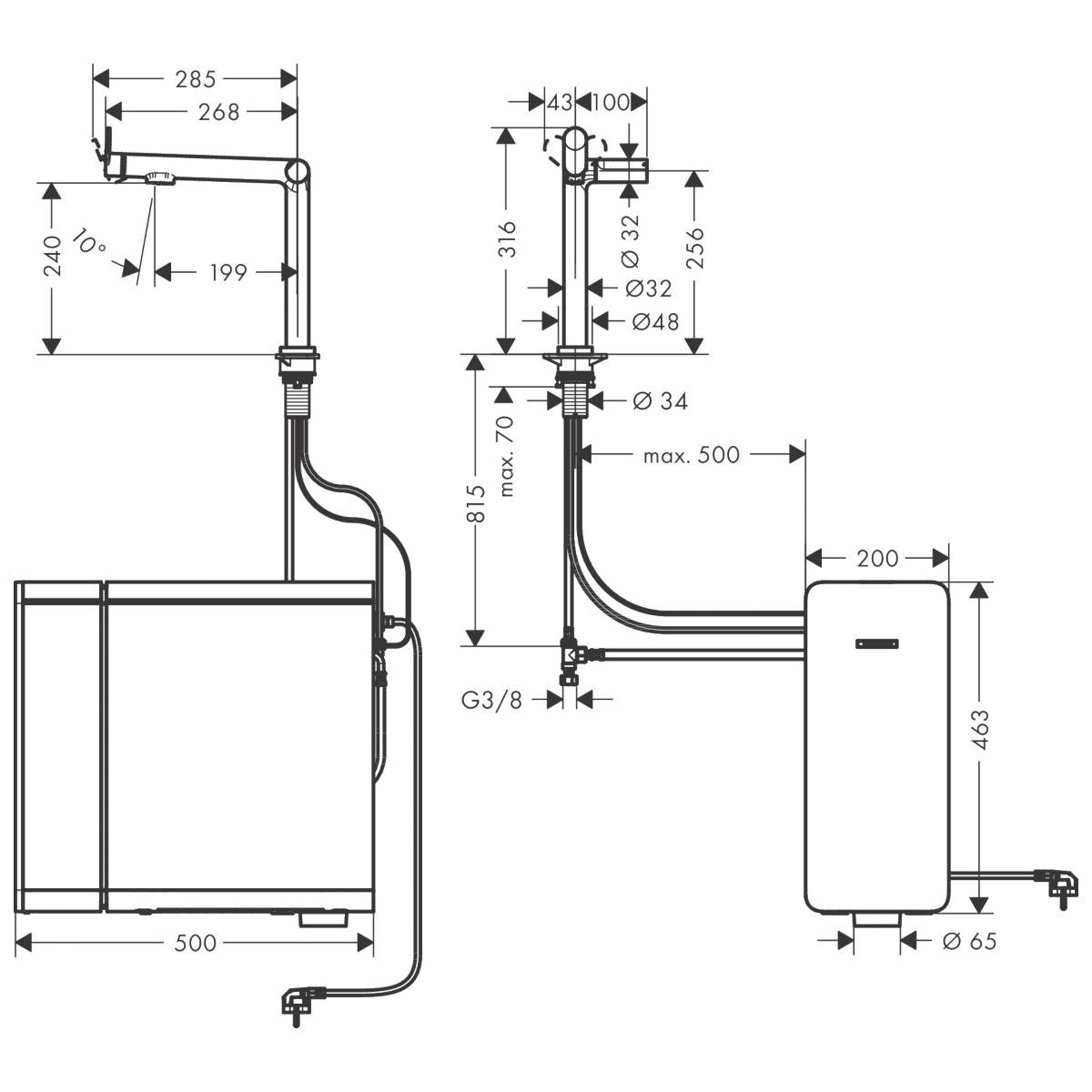 Hansgrohe Aqittura M91 Sodasystem konyhai csaptelep 240, 1jet (76837000) - méretrajz