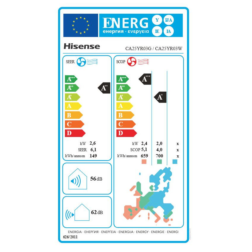 Hisense Easy Smart mono split klíma szett 2.6 kW (CA25YR03G/CA25YR03W) - energiacímke