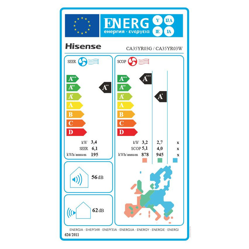 Hisense Easy Smart mono split klíma szett 3.4 kW (CA35YR03G/CA35YR03W) - energiacímke