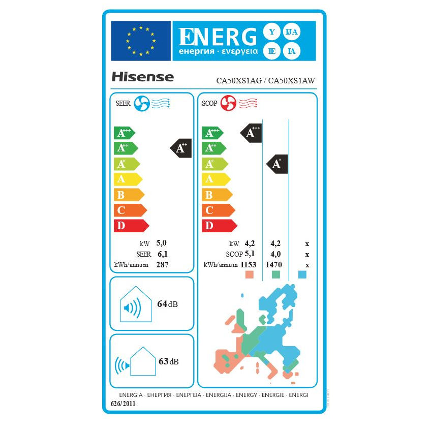 Hisense Easy Smart mono split klíma szett 5 kW (CA50XS1AG/CA50XS1AW) - energiacímke