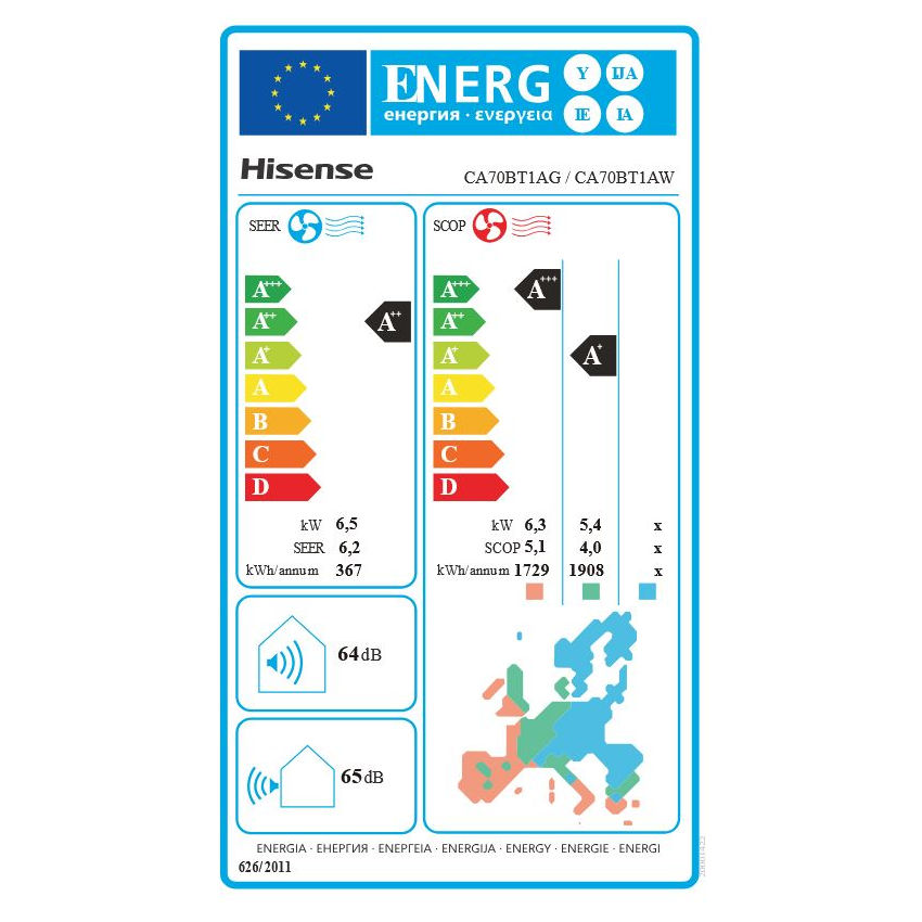 Hisense Easy Smart mono split klíma szett 6.5 kW (CA70BT1AG/CA70BT1AW) - energiacímke