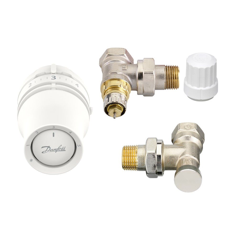 Danfoss radiátorszelep szett sarok - RA-IN 1/2” szelep + Redia RA 015G3380 + RLV-S visszatérő (015G5333)