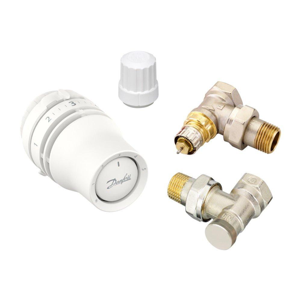 Danfoss radiátorszelep szett sarok - RA - IN 1/2” szelep + Redia RA 015G3380 + RLV - S visszatérő (015G5333)