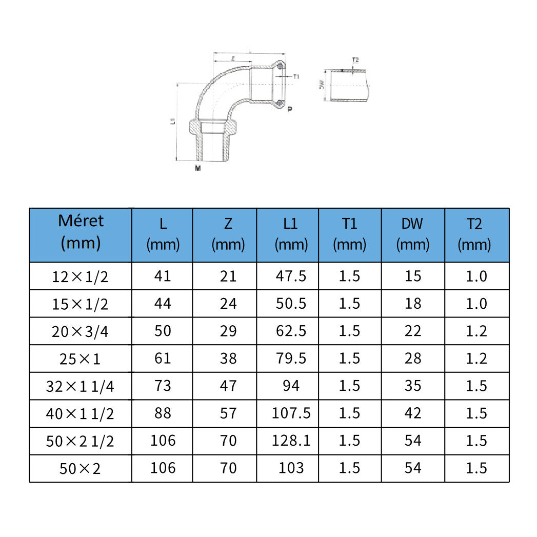 Install InoxPress Temp könyök 90 KM 15-1/2" (304) - méretrajz