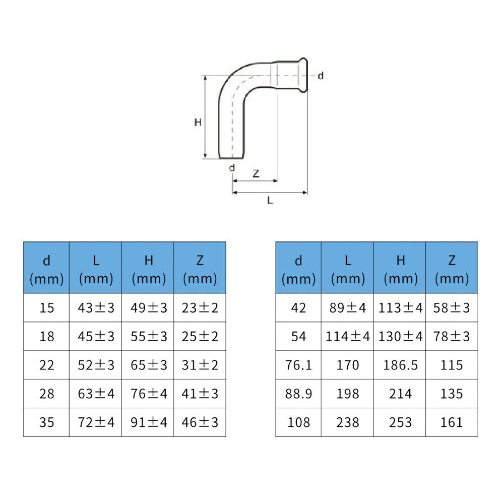 Install InoxPress Temp könyök 90 KB 35 (304) - méretrajz