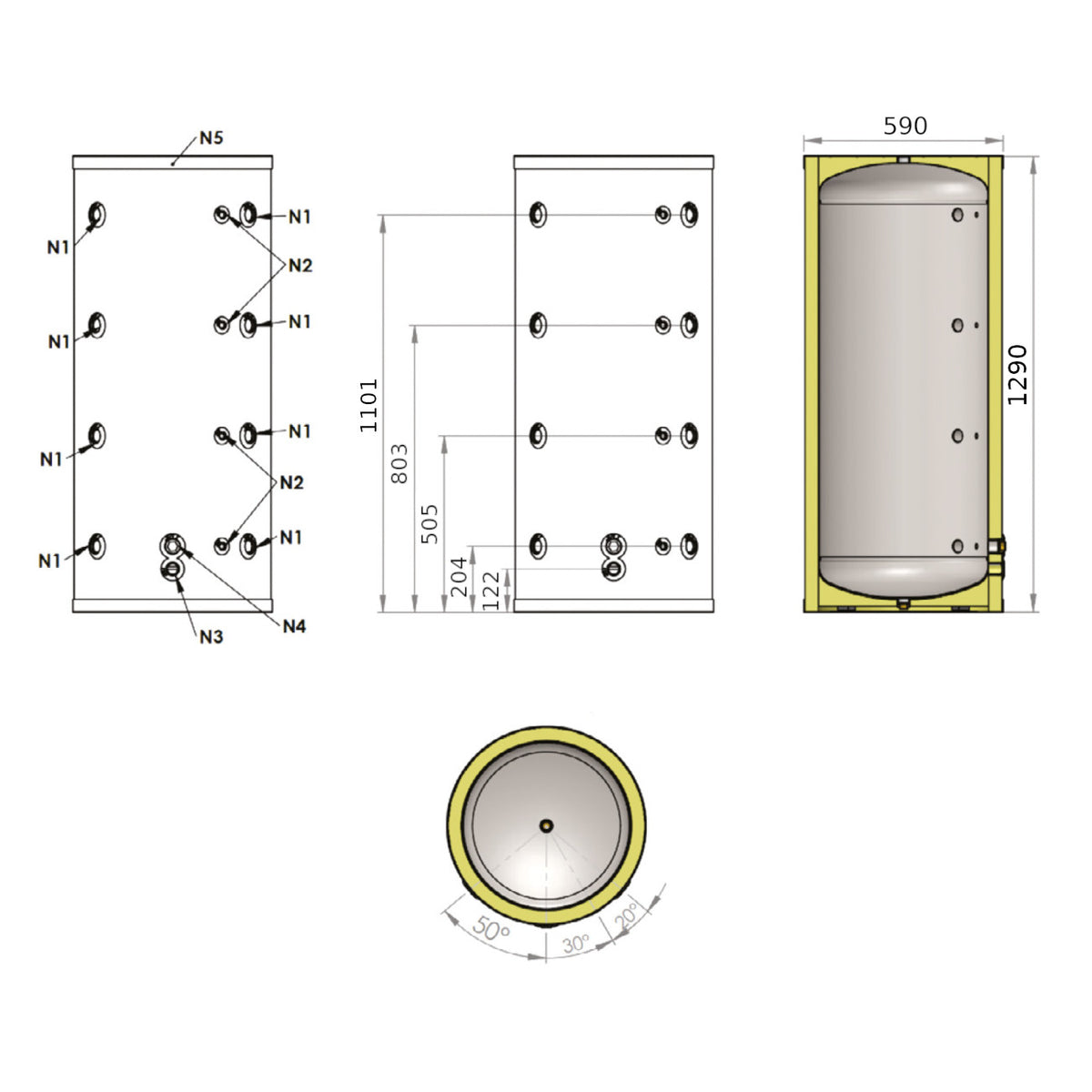 Install Storax Terra puffertároló, 200l, hőcserélő nélkül, PU szigeteléssel, álló - méretrajz