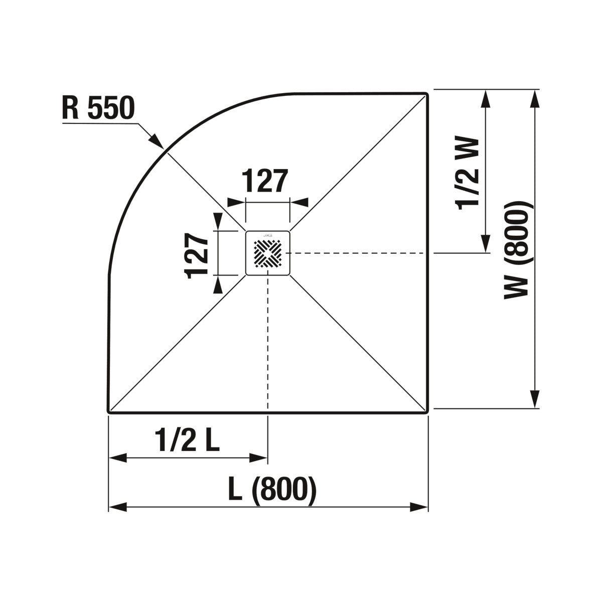 Jika Padana negyedkörív alakú zuhanytálca, 800x800mm, matt fehér, rozsdamentes acél lefolyófedéllel (H213930R100001) - méretrajz