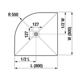 Jika Padana negyedkörív alakú zuhanytálca, 800x800mm, matt fehér, rozsdamentes acél lefolyófedéllel (H213930R100001) - méretrajz