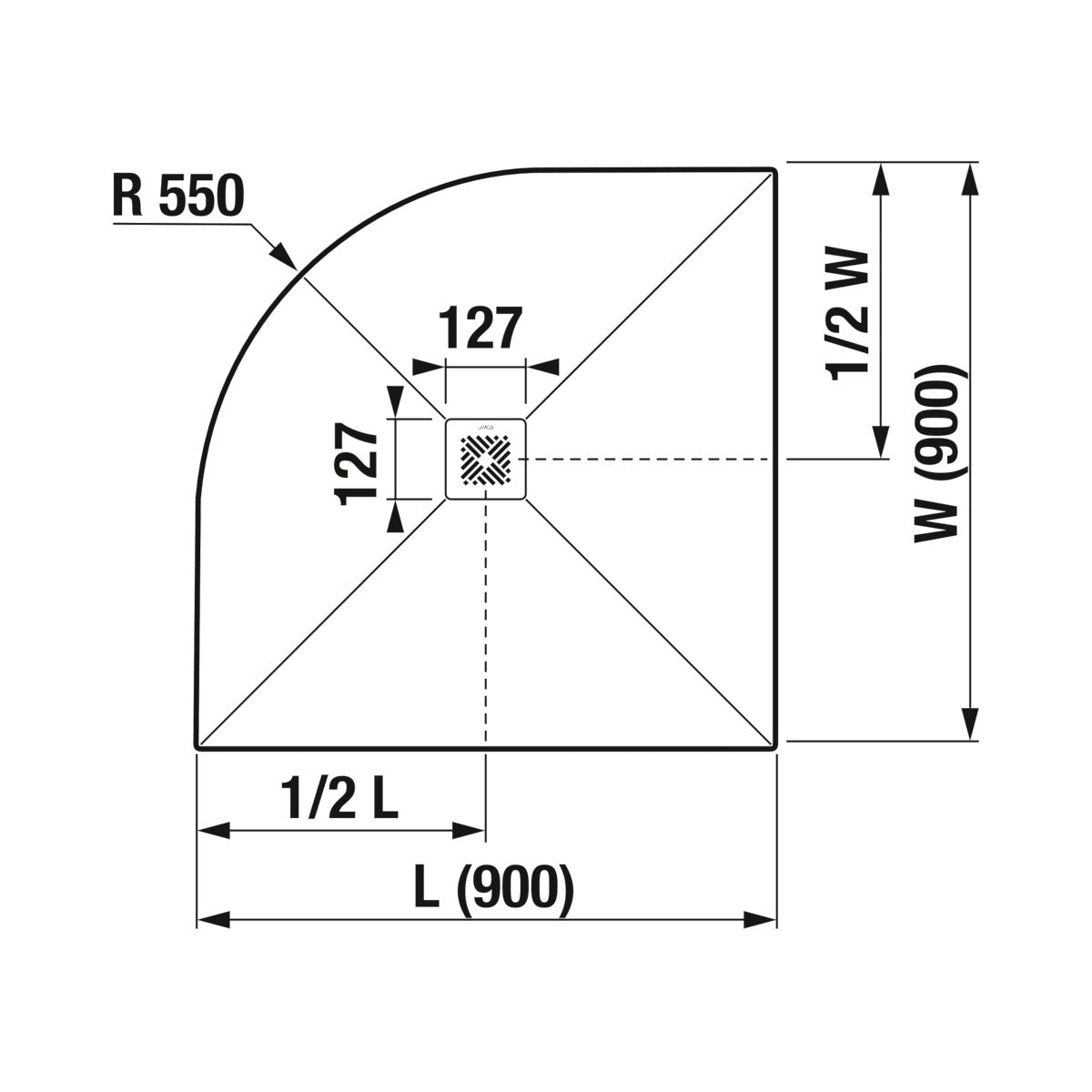 Jika Padana negyedkörív alakú zuhanytálca, 900x900mm, matt fehér, rozsdamentes acél lefolyófedéllel (H213931R100001) - méretrajz