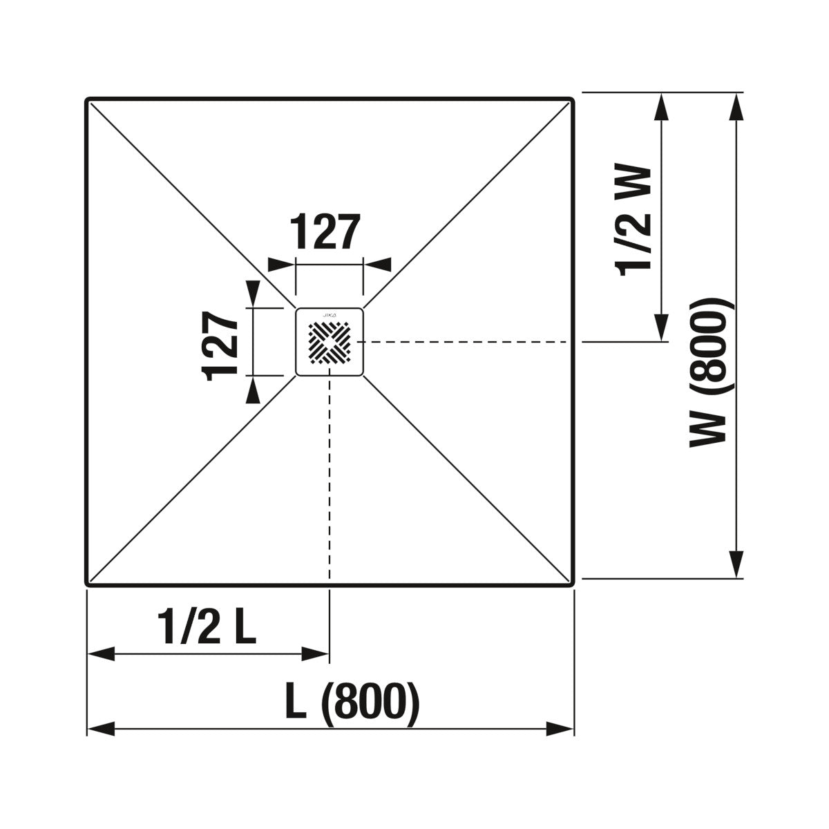 Jika Padana négyzet alakú zuhanytálca, 800x800 mm, matt fehér, rozsdamentes acél lefolyófedéllel (H213934R100001) - méretrajz