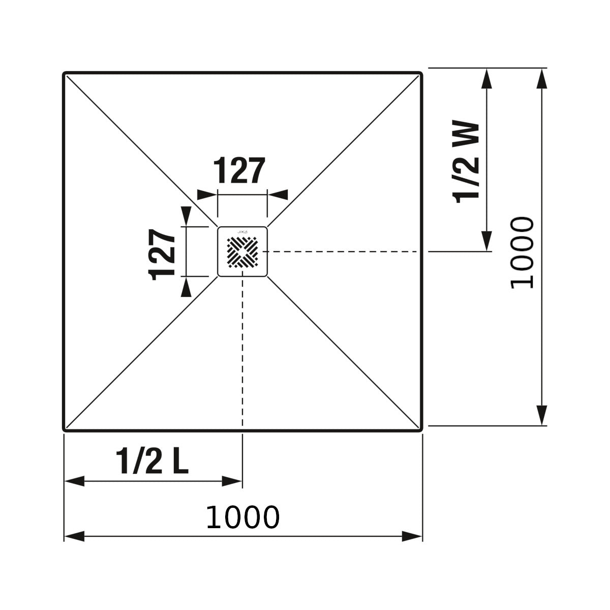 Jika Padana négyzet alakú zuhanytálca, 1000x1000 mm, matt fehér, rozsdamentes acél lefolyófedéllel (H213936R100001) - méretrajz