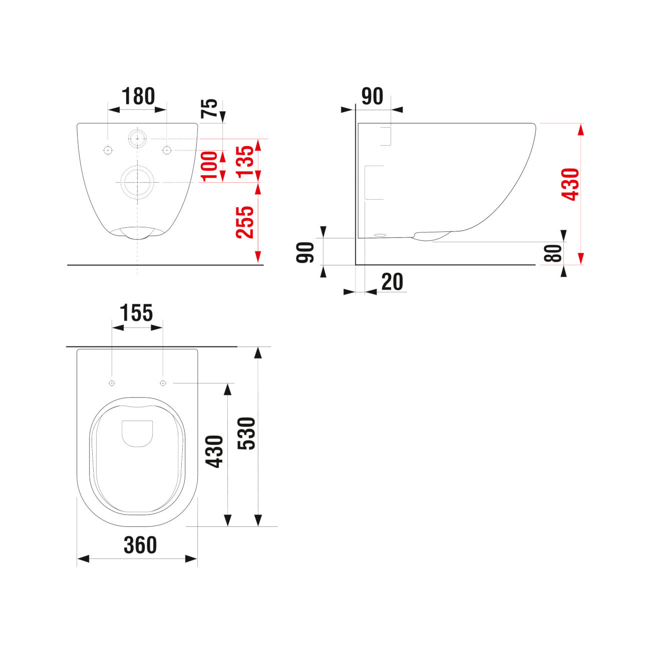 Jika Mio fali WC Rimless, matt fekete (H8207147160001) - méretrajz