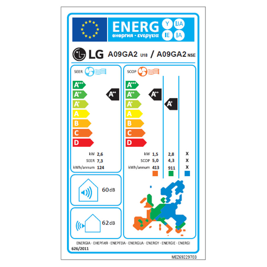 LG A09GA2 ArtCool Gallery Premium split klíma szett, 2,6 kW (A09GA2.NSE + A09GA2.U18) - energiacímke