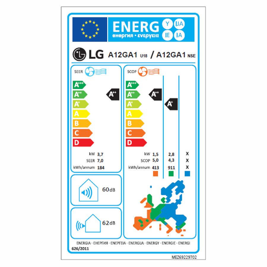 LG A12GA1 ArtCool Gallery Special split klíma szett, 3,5 kW (A12GA1.NSE + A12GA1.U18) - energiacímke