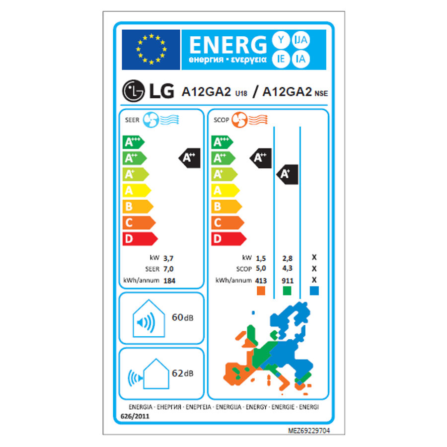 LG A12GA2 ArtCool Gallery Premium split klíma szett, 3,5 kW (A12GA2.NSE + A12GA2.U18) - energiacímke