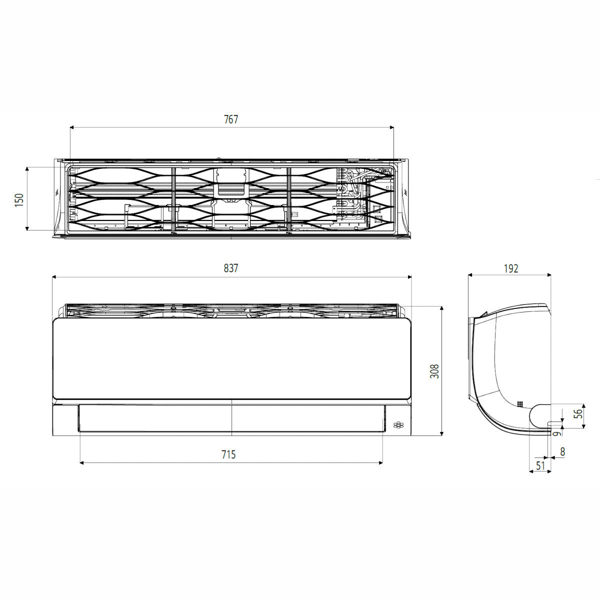 LG AC09BK ArtCool Mirror split klíma szett, 2,6 kW (AC09BK.NSJ + AC09BK.UA3) - méretrajz