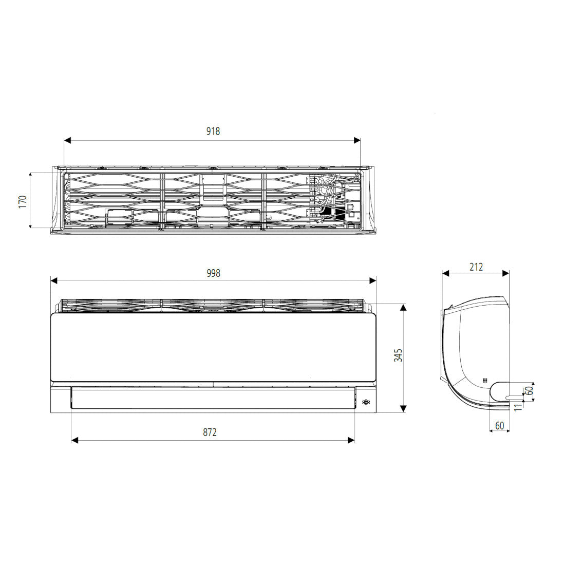 LG AC18BK ArtCool Mirror split klíma szett, 5,3 kW (AC18BK.NSK + AC18BK.UL2) - méretrajz