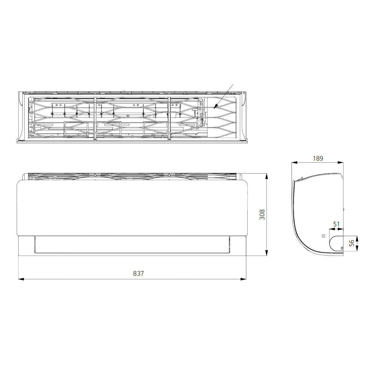 LG DC09RK Deluxe split klíma szett, 2,6 kW (DC09RK.NSJ + DC09RK.UL2) - méretrajz