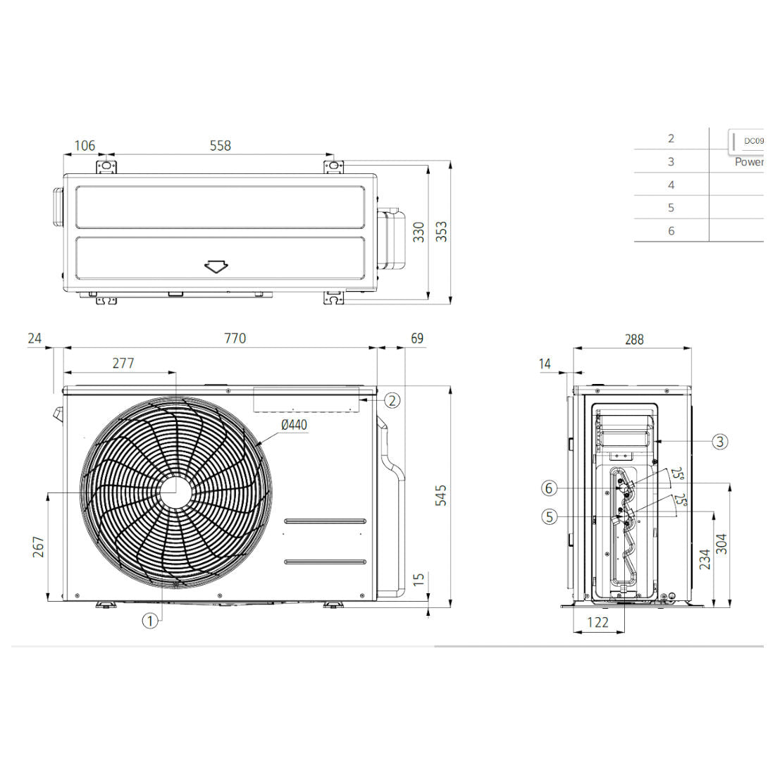 LG DC09RK Deluxe split klíma szett, 2,6 kW (DC09RK.NSJ + DC09RK.UL2) - méretrajz