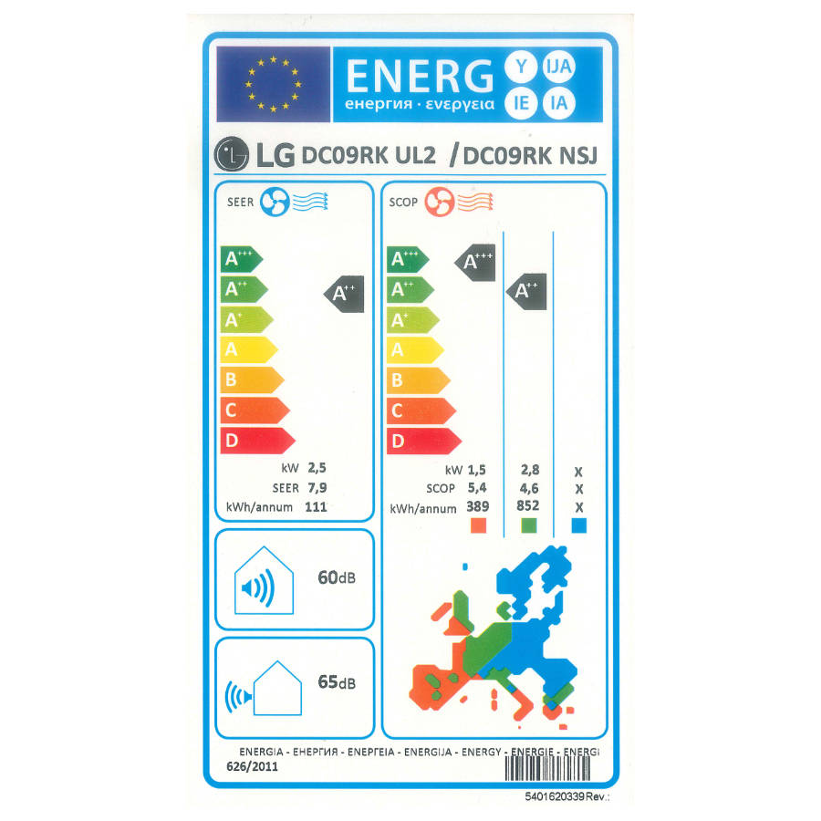 LG DC09RK Deluxe split klíma szett, 2,6 kW (DC09RK.NSJ + DC09RK.UL2)) - energiacímke