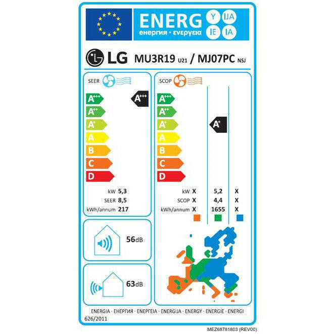 LG multi split klíma szett - kültéri: 5,3kW(MU3R19), beltéri: 2 x 3,5kW(PC12SK) (MU3R19-SZETT) - energiacímke