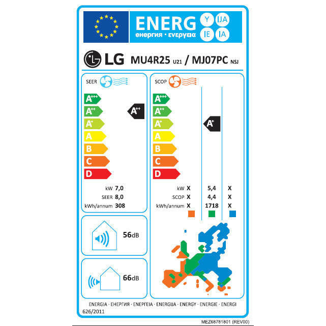 LG multi split klíma szett - kültéri: 7kW(MU4R25), beltéri: 2 x 3,5kW(PC12SK) (MU4R25-SZETT-1) - energiacímke