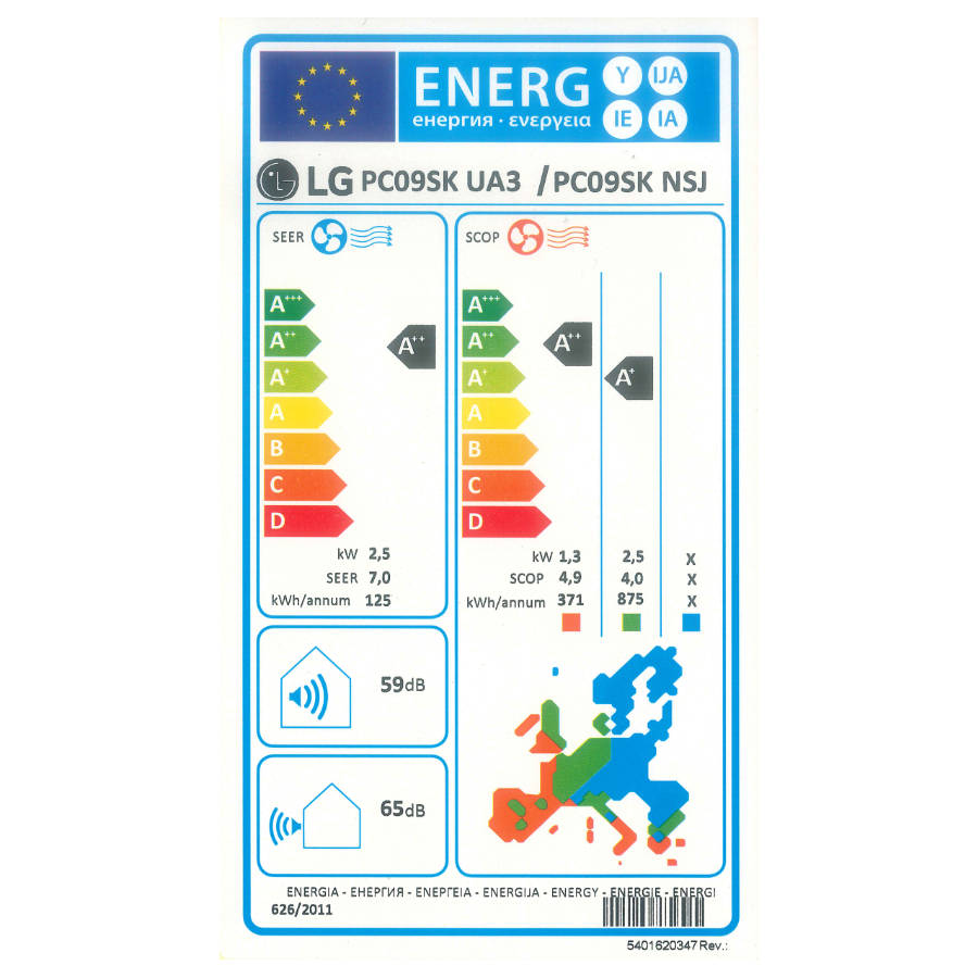 LG PC09SK Silence Plus split klíma szett, 2,6 kW (PC09SK.NSJ + PC09SK.UA3) - energiacímke