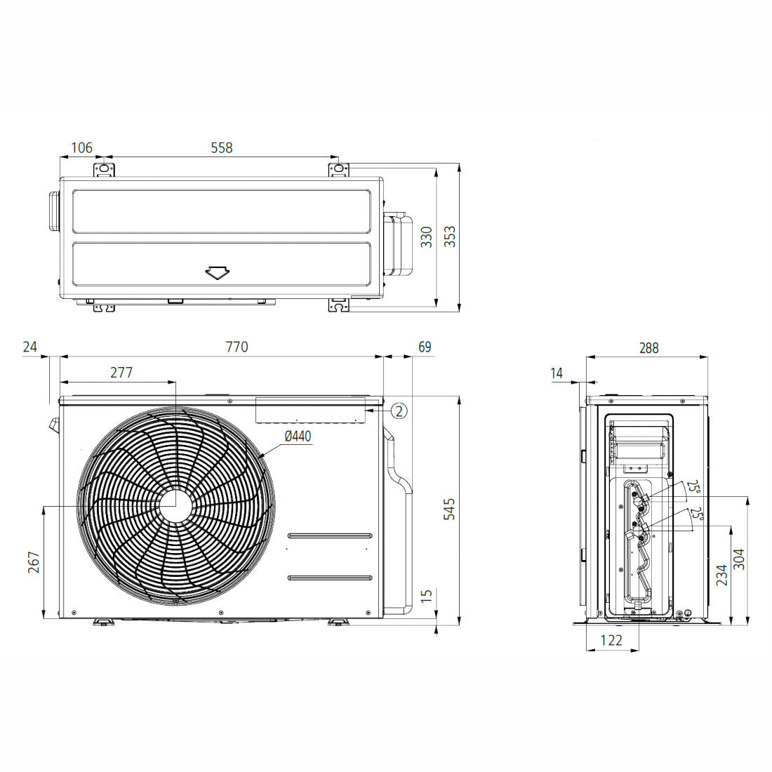 LG PC18SK Silence Plus split klíma szett, 5,3 kW (PC18SK.NSK + PC18SK.UL2) - méretrajz