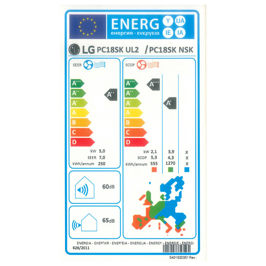 LG PC18SK Silence Plus split klíma szett, 5,3 kW (PC18SK.NSK + PC18SK.UL2) - energiacímke