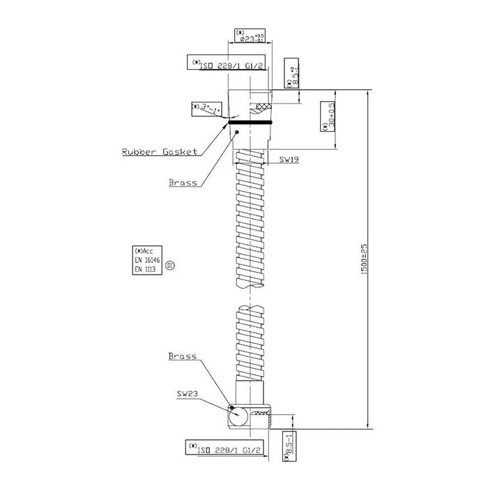 Mofém zuhany gégecső 1500 mm (275-0041-07) - méretrajz