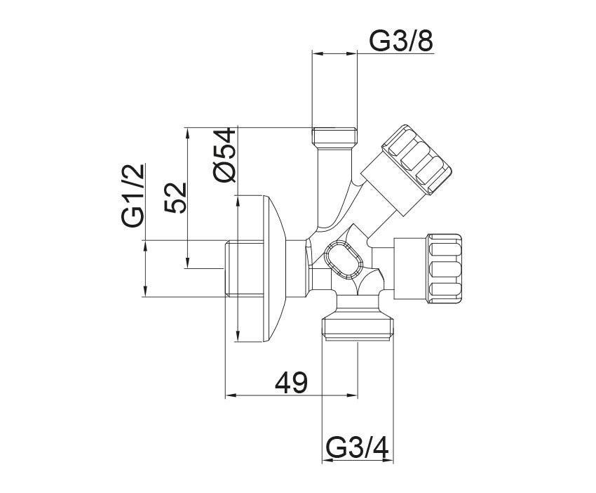 Mofém kombinált sarokszelep 1/2" - 3/4" - 3/8"