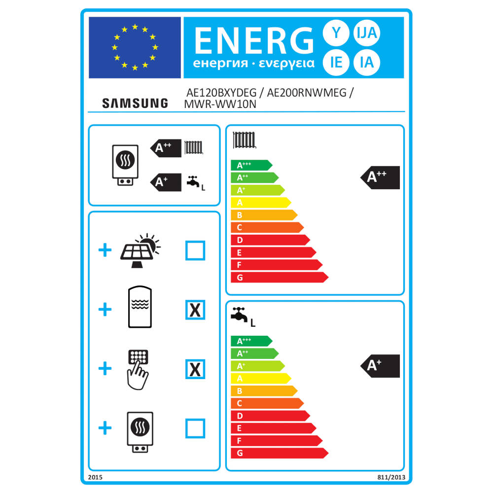 Samsung Mono ClimateHub HT Quiet R32 hőszivattyú 12 kW + 200l-es tartály + vezetékes szabályzó, 1 fázis (MCHQ-R32-12-1-1) - energiacímke