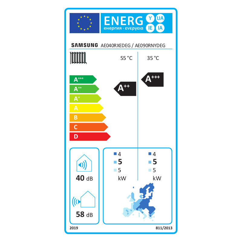 Samsung Split R32 hőszivattyú 4.4 kW + beltéri oldalfali Hydro egység + vezetékes szabályzó, 1 fázis (S-R32-4.4-0-1) - energiacímke